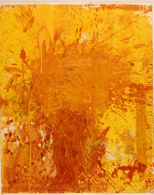 A highly saturated orange non-figurative abstract painting.