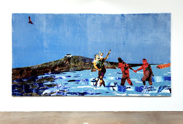 A photograph of a large-scale fabric work by Antonio Lechuga depicting people crossing a river.