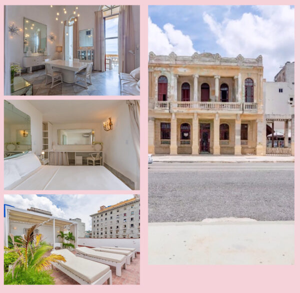 A screenshot of four photographs depicting the exterior and interior of a building that hosts an artist residency program in Cuba.