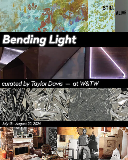 A promotional image depicting works by various artists and promoting the exhibition "Bending Light."