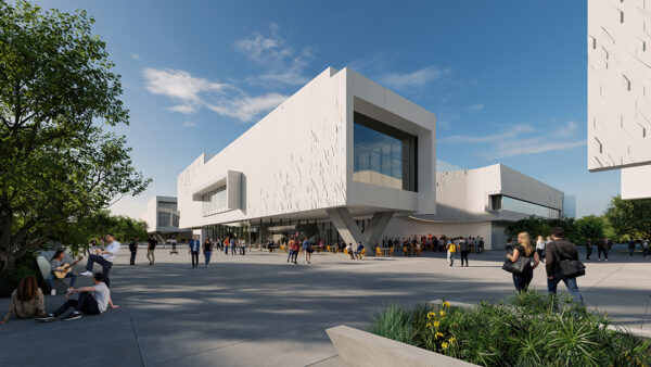 A digital rendering of a performance hall and music building.