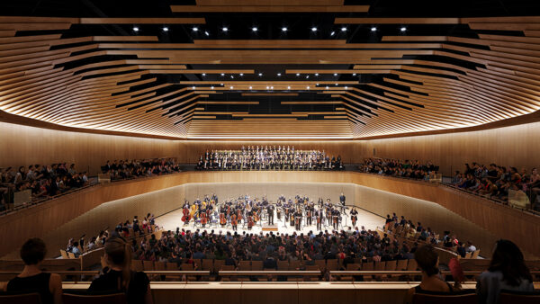 A digital rendering of a concert hall.