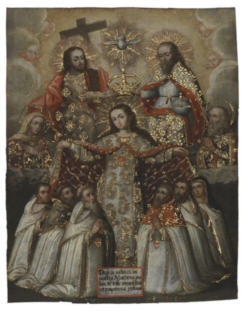 A photograph of a painting from Peru, featuring religious iconography.