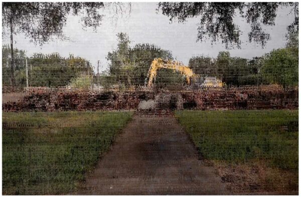 An image of a backhoe tearing down a building is obscured by layers of translucent text.