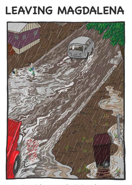 A drawing of a van driving on a muddy road.