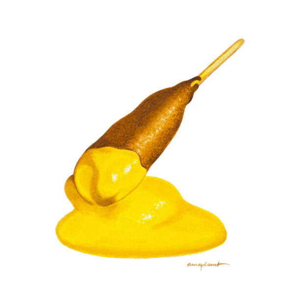 A watercolor painting of a corn dog dipped in cheese.