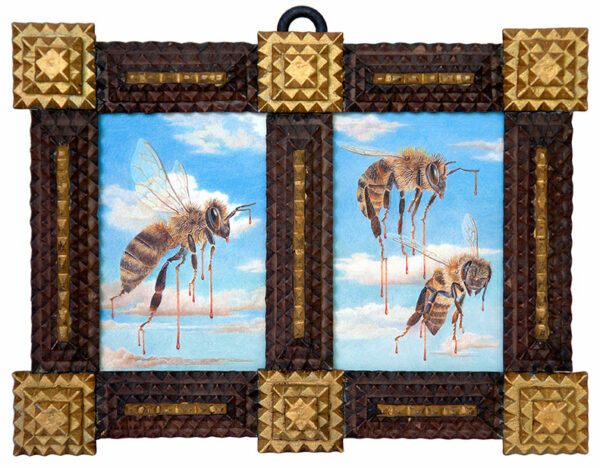 Two small paintings of bees in a elaborate hand-made frame.