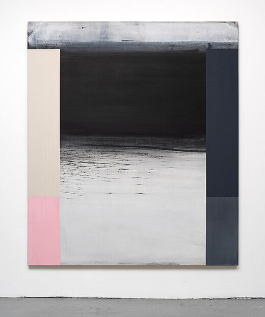 A non-figurative abstract painting with four grey and pink bars around the edges and a fading white to black center.