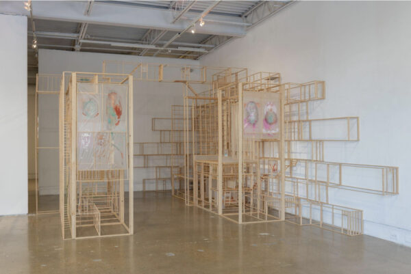 A photograph of a mixed media installation by Elijah Ruhala.