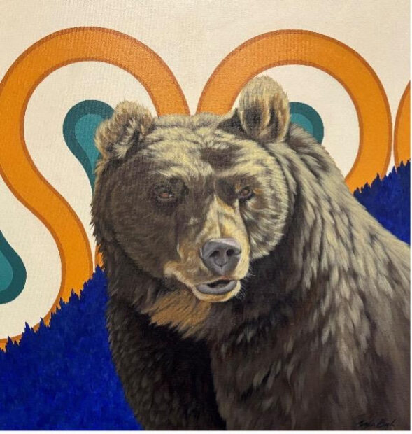 A painting by Taylor Balsano featuring a bear in front of a flat patterned background.