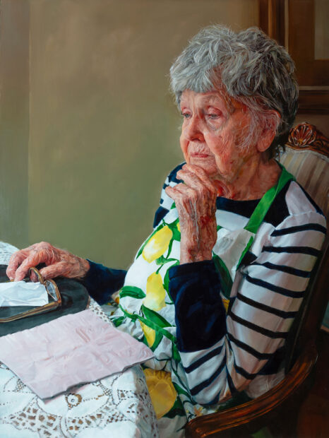 A painting of an older woman sitting at a table.