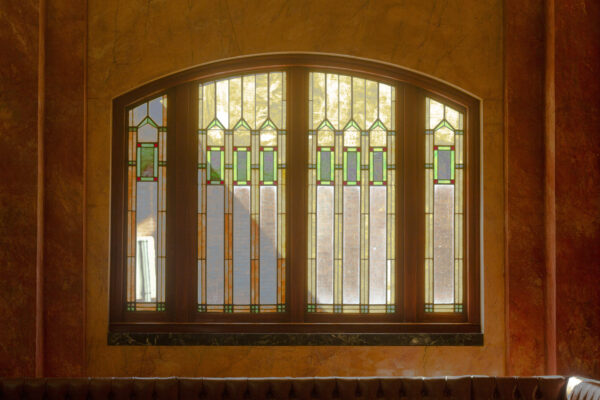 An interior view of a leaded glass window at the Hotel Paso Del Norte near downtown El Paso