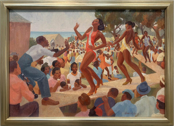 An oil painting of people celebrating.