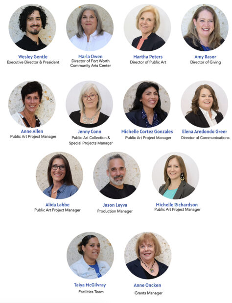 A screenshot of the Arts Fort Worth staff website featuring headshots alongside names and titles of the staff.