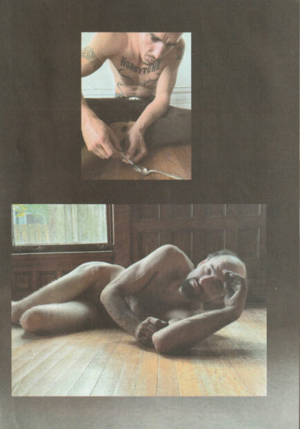 A page from a photographic zine depicting images of two nude men, one on the floor looking directly into the camera and another preparing a syringe.