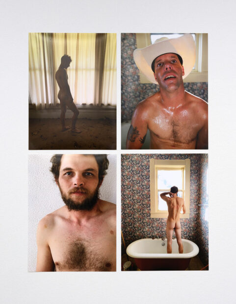 Four unframed photographs hung as a grid depicting nude men.