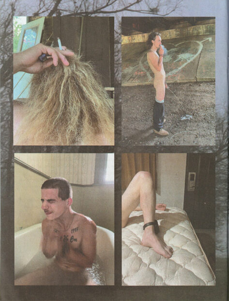 A page from a photographic zine depicting images of four nude men.