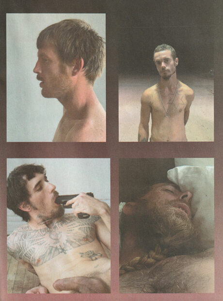 A page from a photographic zine depicting images of four nude men.