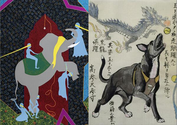 Side-by-side artworks depicting an elephant and dog.