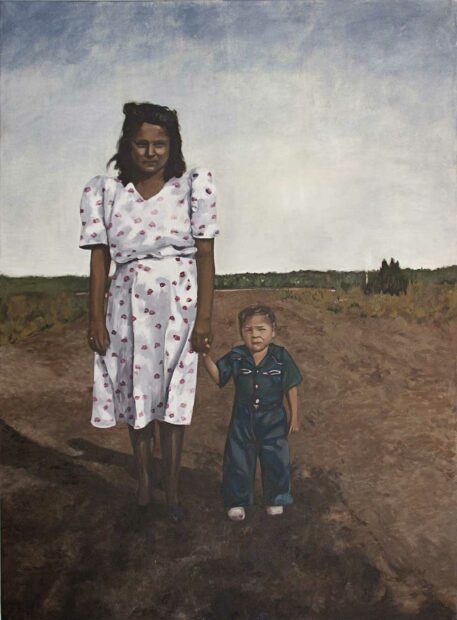 An oil painting of a woman and child holding hands standing in a barren landscape.