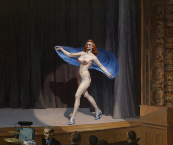 An oil painting of a topless woman walking on stage with a blue scarf trailing behind her while four people in the audience watch her perform.