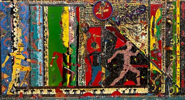 A complex painting with several human figures running across the bottom third and objects attached to the surface.