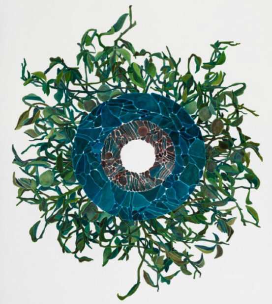 A painting of a circular ring of plant vines with a blue inner circle.