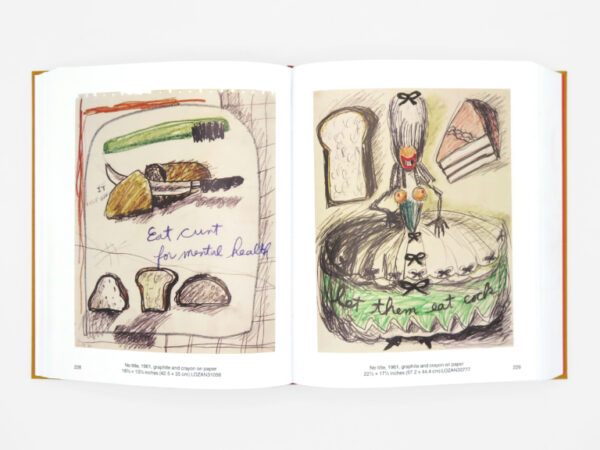 A book is open to show two drawings. On the left is a crude drawing of a toothbrush, a knife cutting through bread, and other cross-sections of bread loaves. On the right is a woman dressed in a corset and poofy skirt, on which is written "let them eat cake."