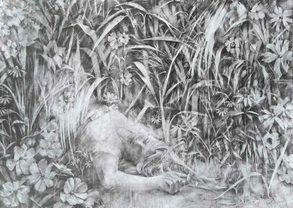 A graphite drawing of a woman lying on her back in tall grass.