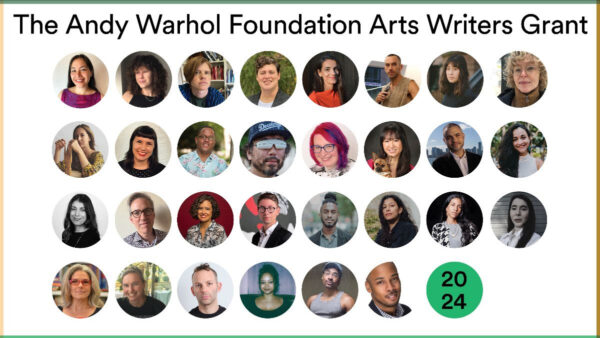 A designed graphic featuring a grid of photographs of the recipients of the Andy Warhol Foundation Arts Writers Grants.