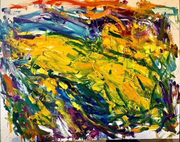 A non-figurative abstract oil painting with a yellow cener and green and red brushwork towards the edges.