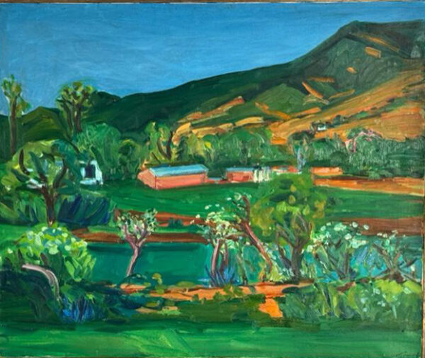 A oil painting of a landscape depicting hills and small groves of trees.