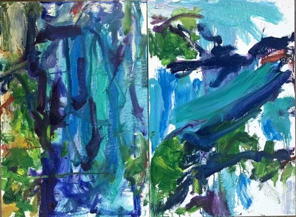 A diptych comprising two non-figurative abstract paintings of blue gestural expressionism.