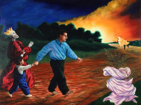 A painting by Ricardo Ruiz featuring an adult and child walking on a dirt path at sunset with a skeleton figure.