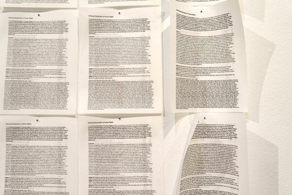 Sheets of paper affixed to a gallery wall outline the Declaration of Human Rights. 