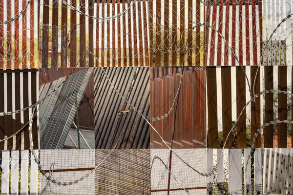 A collection of photographs of different sections of the border wall installed with razor wire in a gallery.