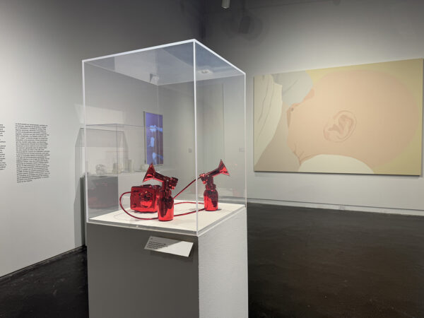 An installation image of a chrome-plated breast pump by artist Aimee Koran.