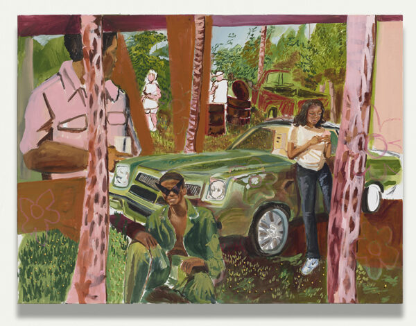 A painting mixed media work by Alexis Pye featuring figures in a wooded area with cars.