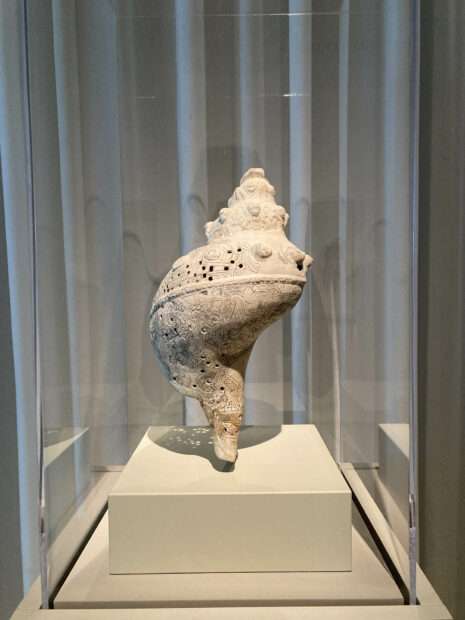 A large Conch shell inscribed with figures and many holes throughout the shell.