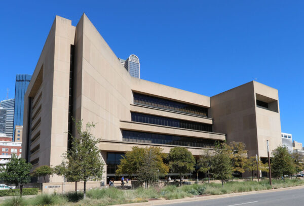 An exterior view of the Dallas Public Library downtown building.