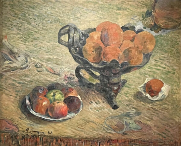 A painting of two dishes of fruit atop a table.