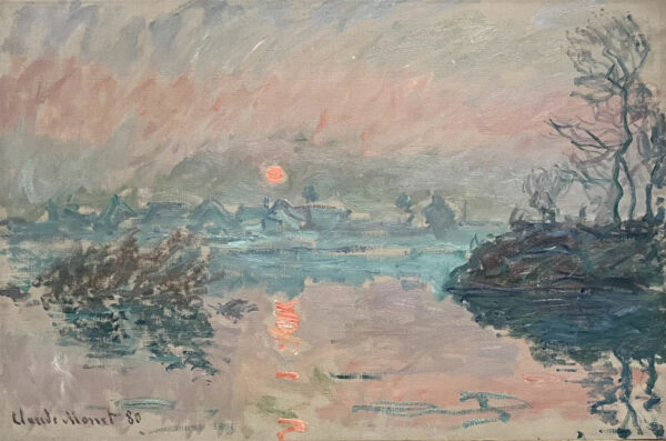 An Impressionist painting of a hazy sunset over the water.