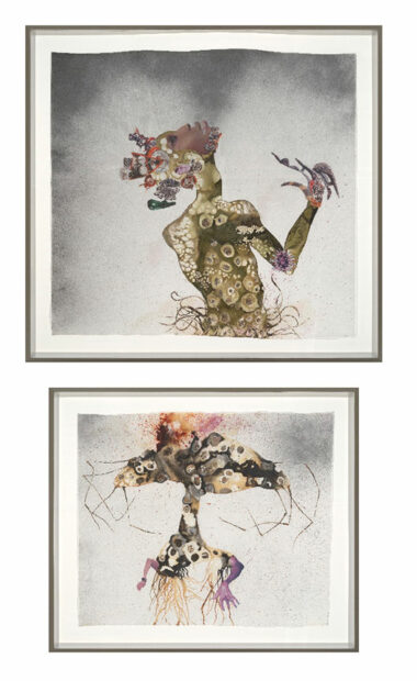 Two framed collages depicting monstruous figures.