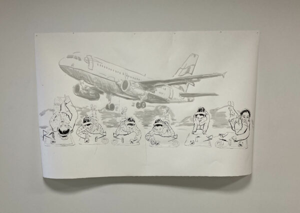 An ink drawing of a jet plane flying over the same figure, repeated many times, in the act of lying on their stomach and drawing on a large piece of paper.