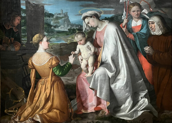 A painting of a mother and child with two other people.