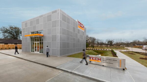 An exterior view of the TECHlink Alief library in Houston.