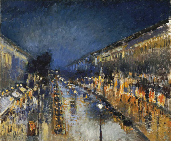 An oil painting of a French street since in the late 1800s.