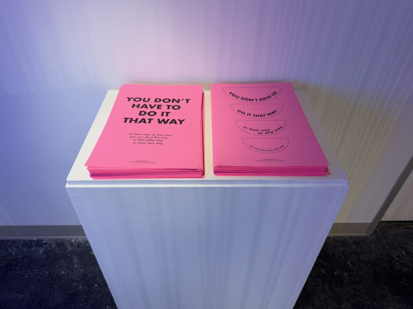 An installation of pink flyers that read "You Don't have to do it that way."