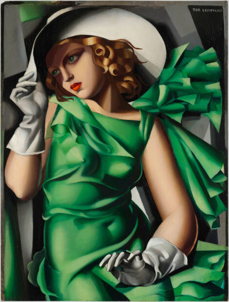 A painting by Tamara de Lempicka featuring a woman wearing a green dress and white gloves.