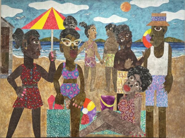 A large scale collage work by Evita Tezeno featuring a group of people on a beach.